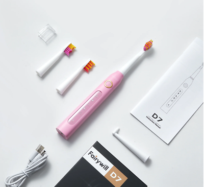 Electric Sonic Toothbrush Fairywill D7 Pink 5 Modes Travel Case 8 Heads