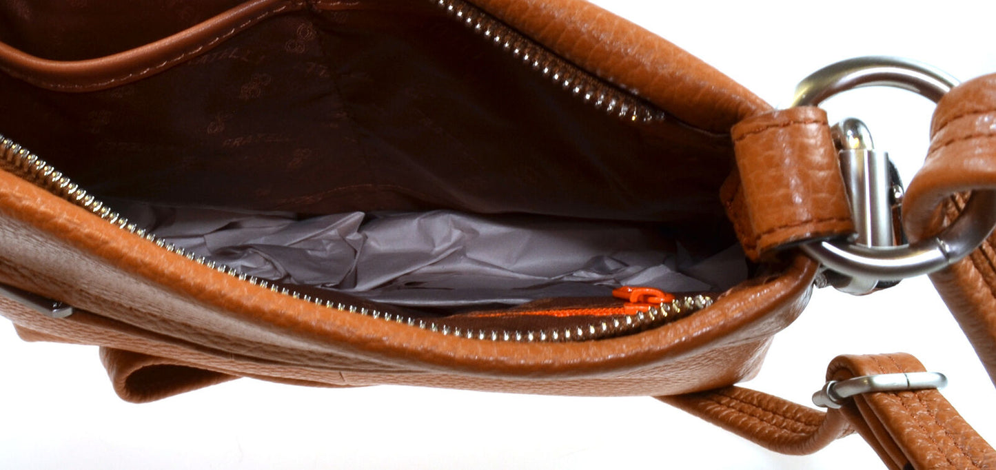 Shoulder Cross Body Hand Bag Genuine Cognac Leather Adjustable Strap Zipped