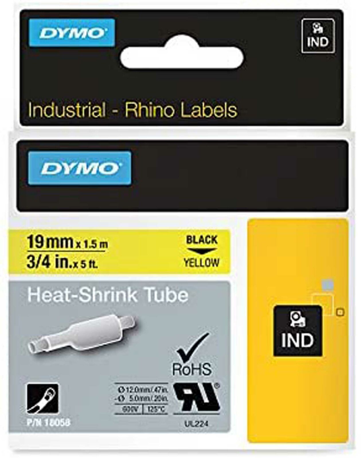 DYMO Rhino Heat Shrink Label Tubes 19 mm x 1.5 m Black Print on Yellow18058