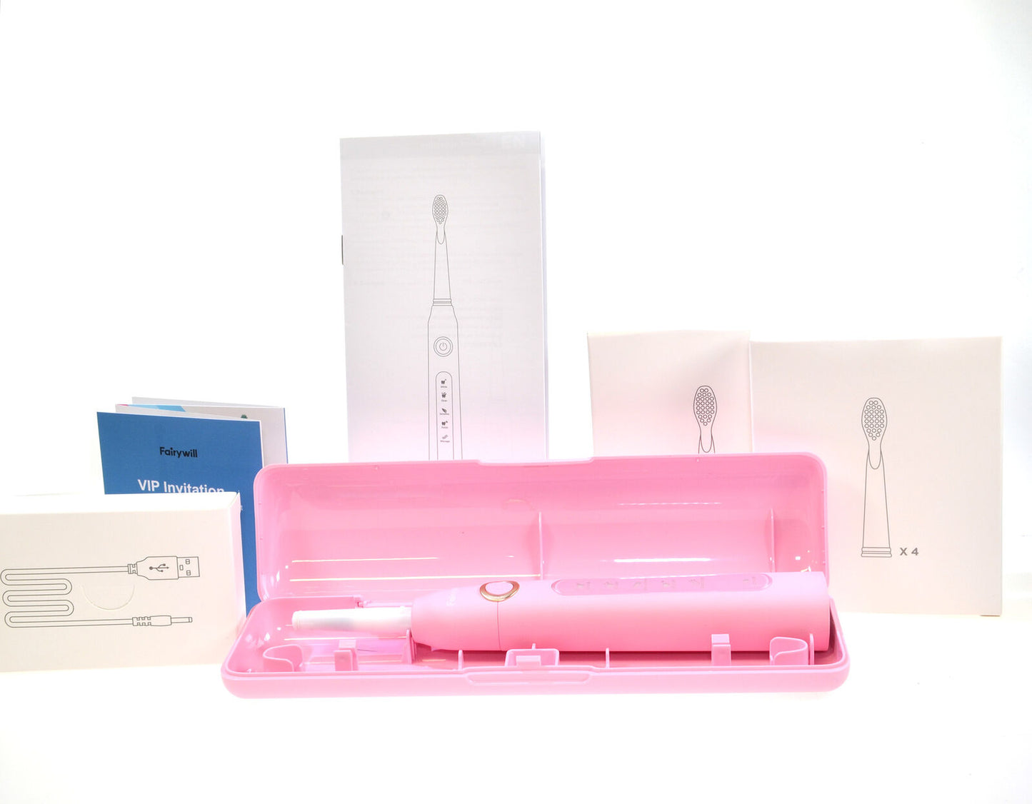 Electric Sonic Toothbrush Fairywill D7 Pink 5 Modes Travel Case 8 Heads