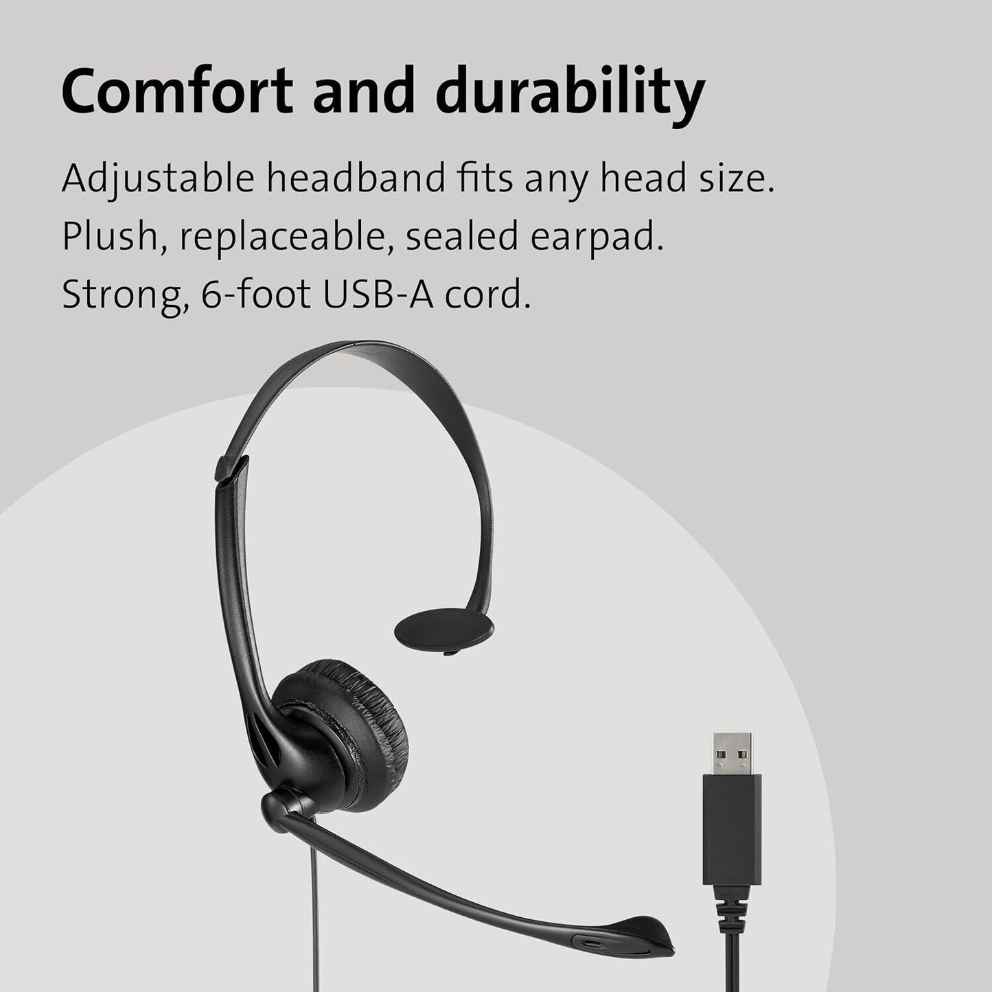 USB Mono Headset Noise Cancelling In Line Volume Comfort Clarity Acco Kensington