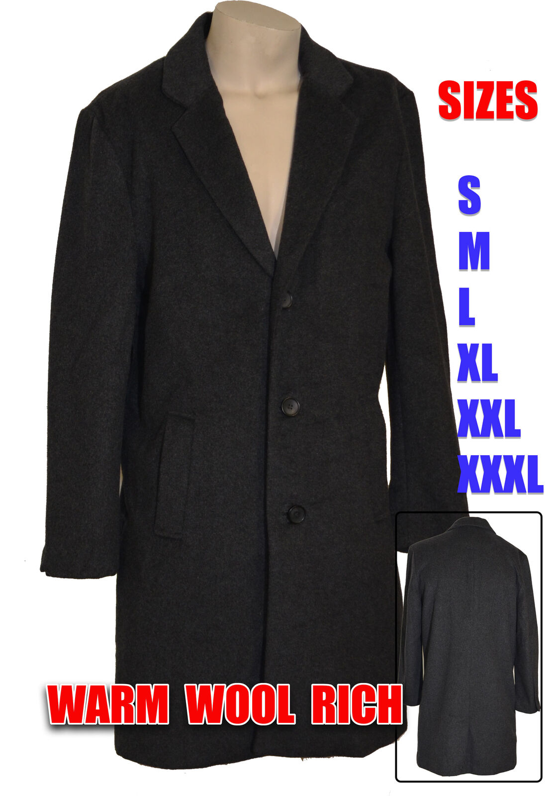Mens Womens Grey Wool Overcoat Trench Coat Long Jacket Ex Chain Store Warm Cozy