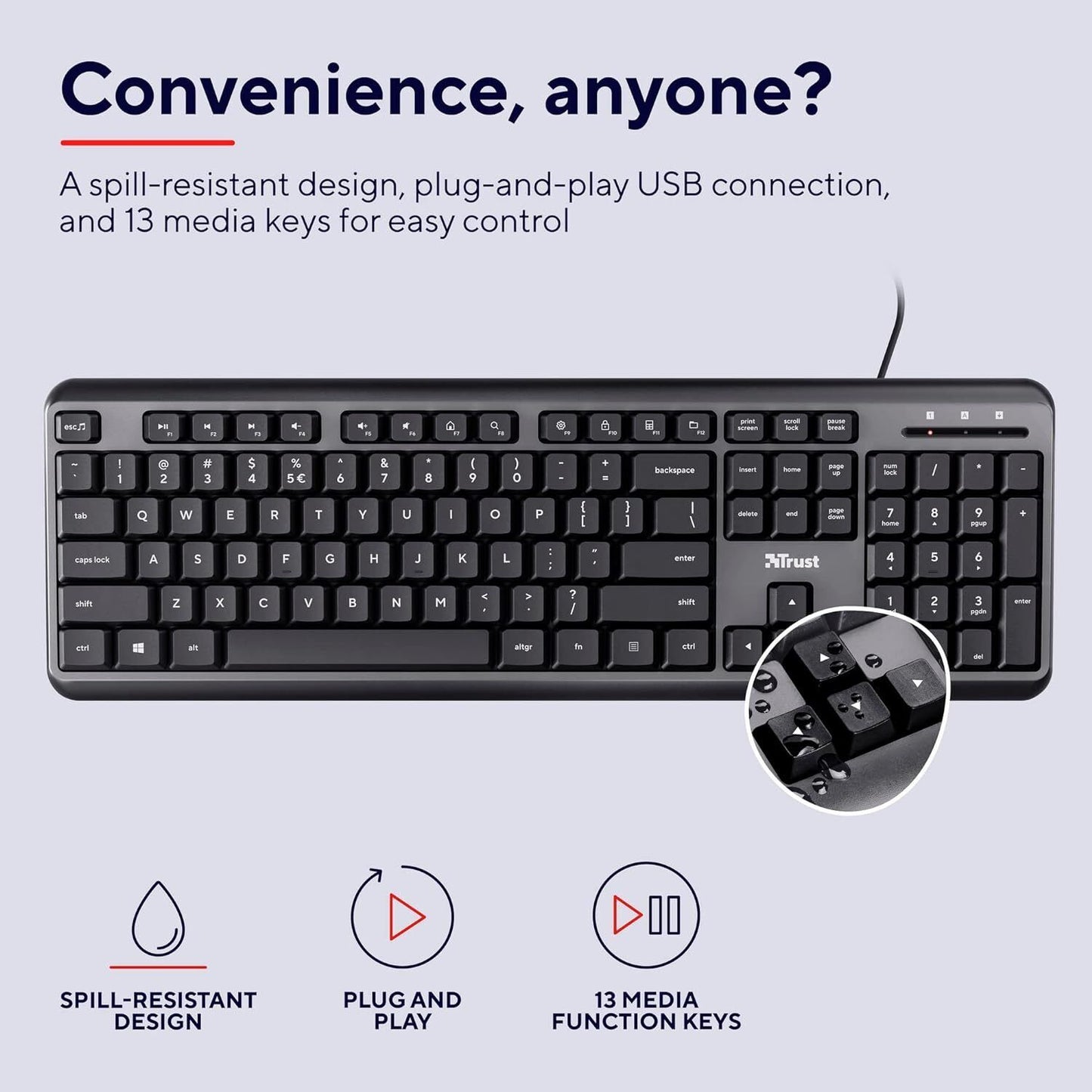 Wired Office Keyboard Silent Keys UK Layout USB 1.8m Cable PC Mac Trust Ody