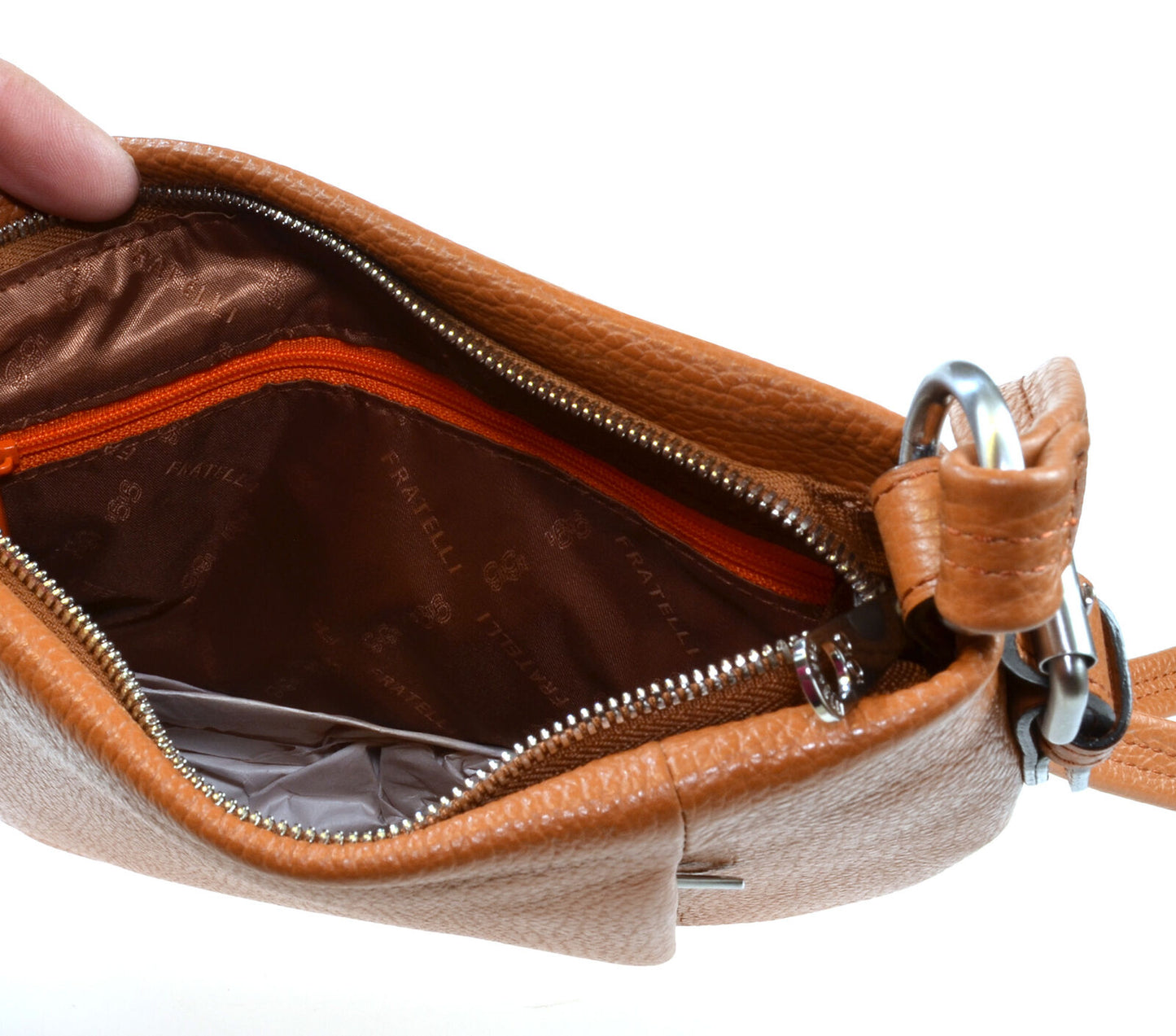Shoulder Cross Body Hand Bag Genuine Cognac Leather Adjustable Strap Zipped