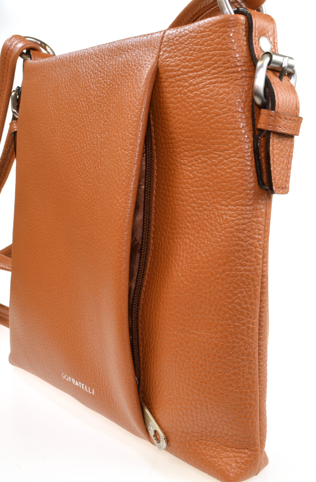 Shoulder Cross Body Hand Bag Genuine Cognac Leather Adjustable Strap Zipped