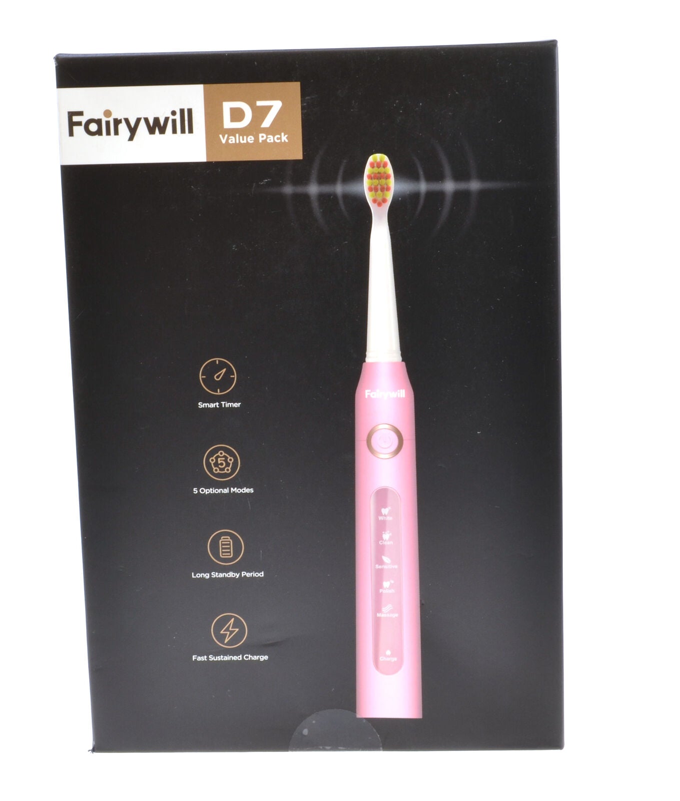 Electric Sonic Toothbrush Fairywill D7 Pink 5 Modes Travel Case 8 Heads