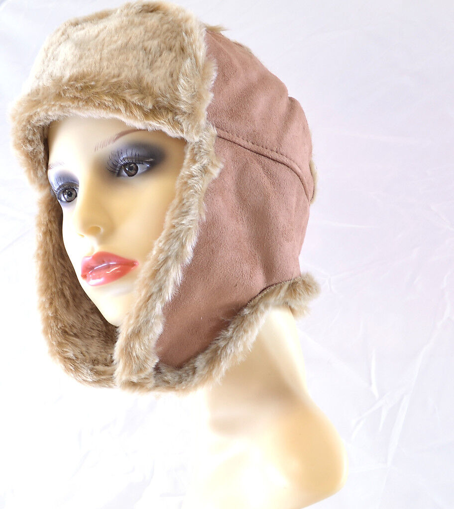 FAUX FUR SHEARLING SUEDE KATKA TRAPPER EAR FLAP COZY WARM HAT PIA ROSSINI