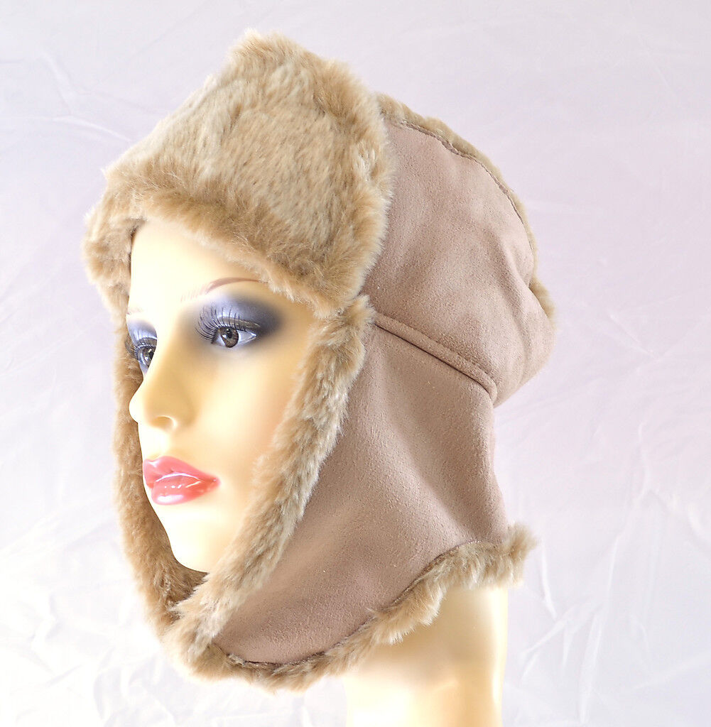 FAUX FUR SHEARLING SUEDE KATKA TRAPPER EAR FLAP COZY WARM HAT PIA ROSSINI