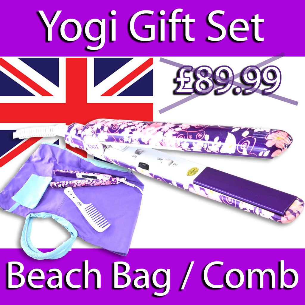 YOGI IONIC TOURMALINE HAIR STRAIGHTENER BEACH BAG COMB GIFT SET  PURPLE FLOWER