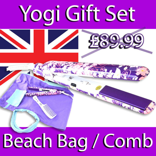 YOGI IONIC TOURMALINE HAIR STRAIGHTENER BEACH BAG COMB GIFT SET  PURPLE FLOWER