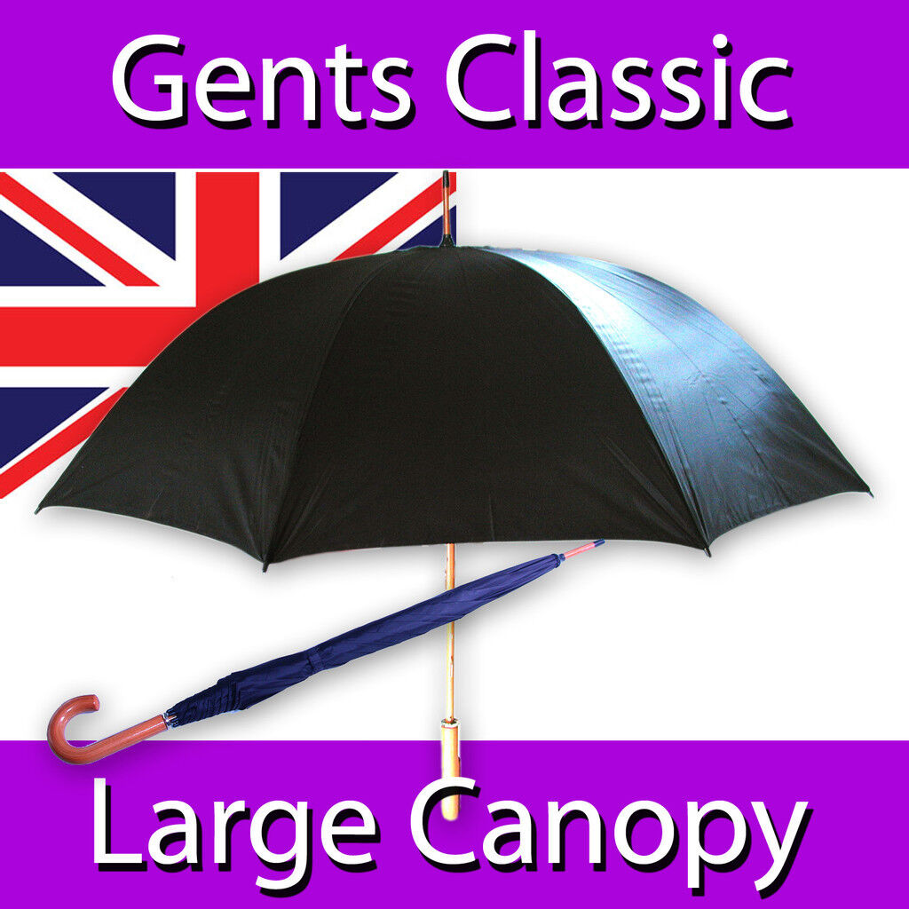 UMBRELLA MENS LADIES BLACK LARGE CANOPY POLISHED WOOD SHAFT VERY SMART GOLF