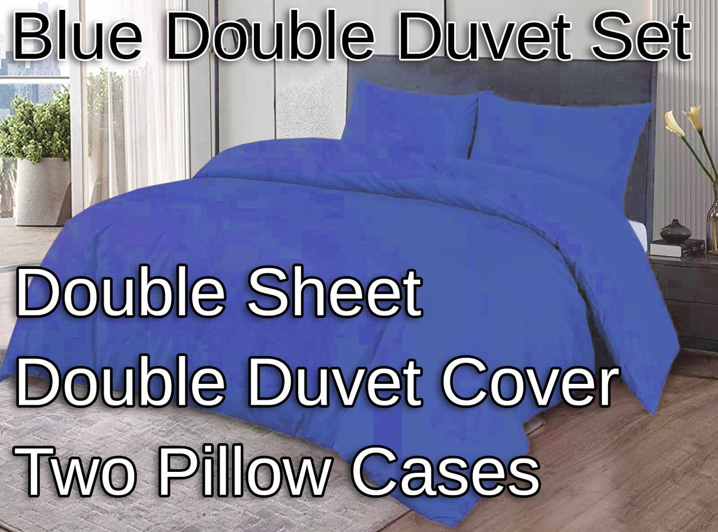 Royal Blue Double Duvet Set 2 Pillow Case, 1 Base Sheet, 1 Duvet Cover