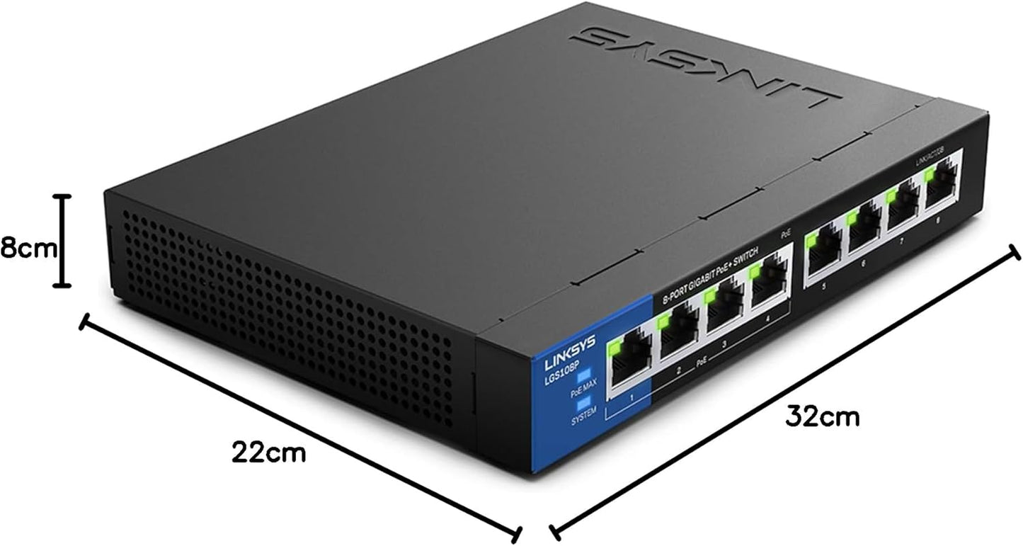 Linksys LGS108P 8 Port PoE Unmanaged Switch Gigabit 50 Watt UK Plug