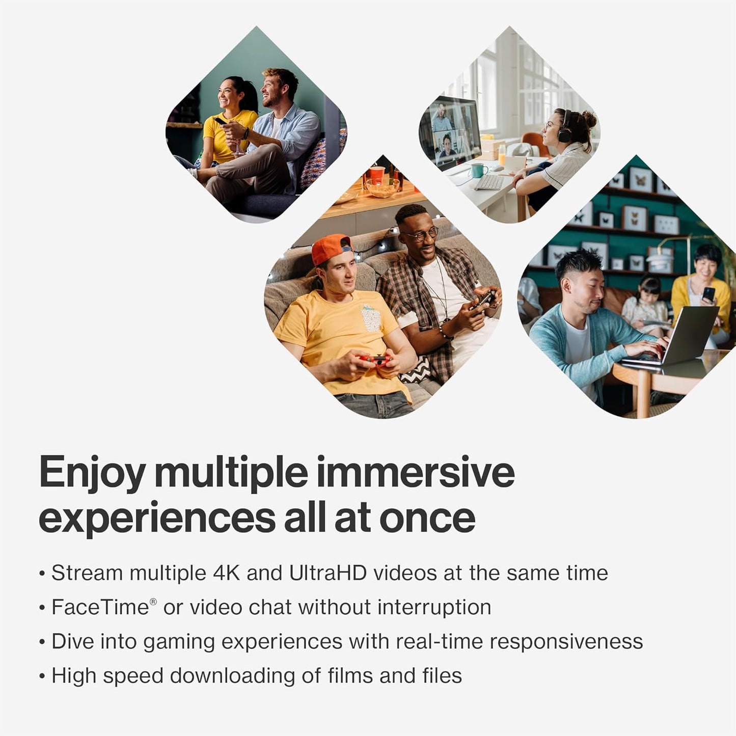 Promotional graphic with people using technology, text about immersive experiences, and a white background.