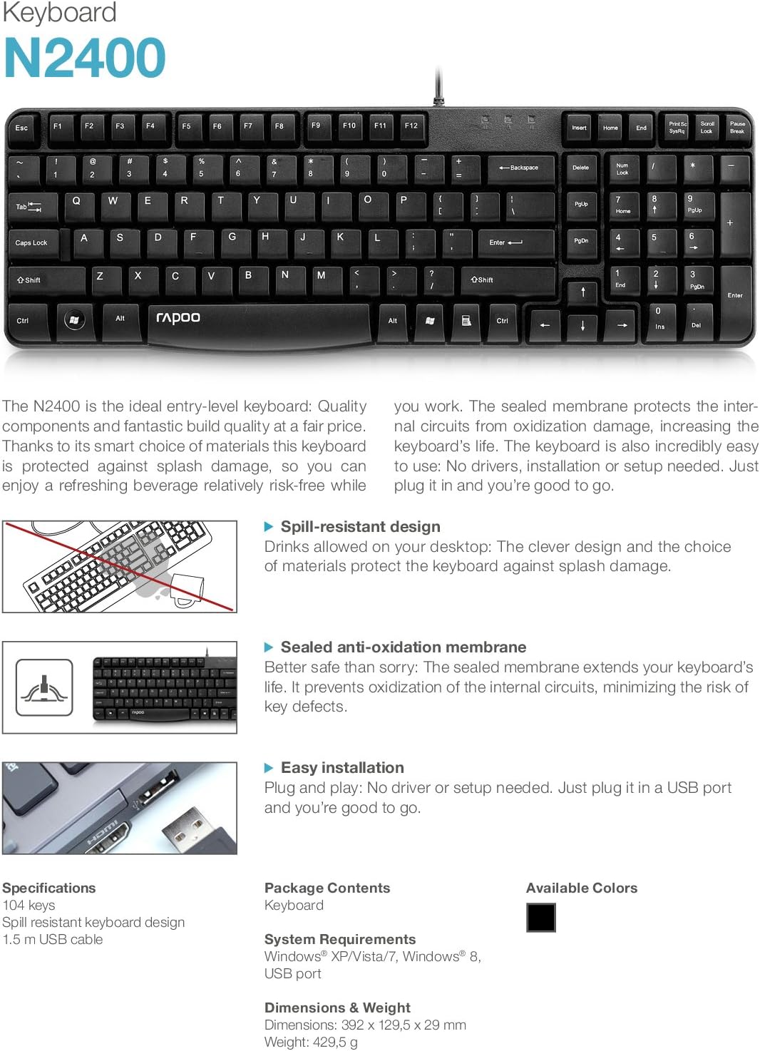 Rapoo N2400 UK Keyboard Spill Resistant USB Wired