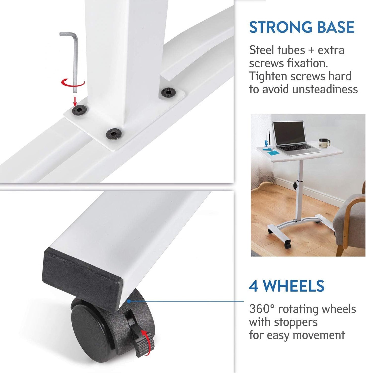 Tatkraft Cheer Mobile Laptop Desk Table Height Adjustable Metal Castors
