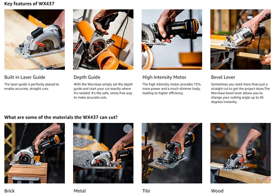 Circular Saw Compact Mains Powered + 3 Cutting Discs Worx WX437 XL 2m Cord 800W