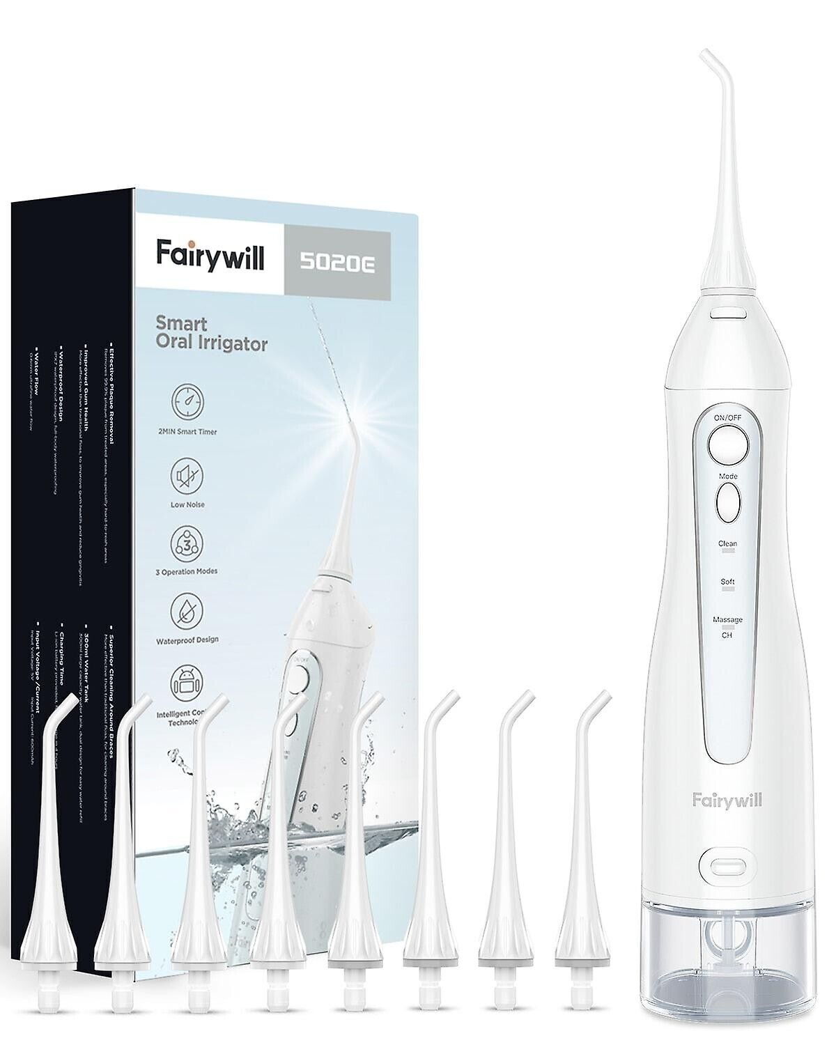 Flosser Irrigator Fairywill 5020E 300ml Extra Heads Rechargeable Portable White