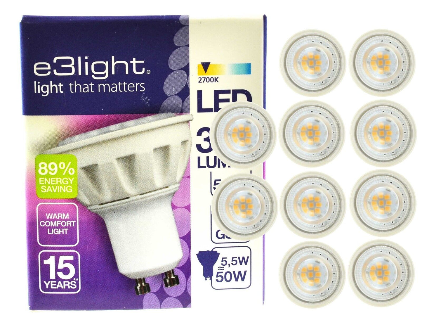 e3light GU10 LED Bulb Warm White 2700K 345 Lumens 5.5W Twin Pack 6 Pack 10 Pack