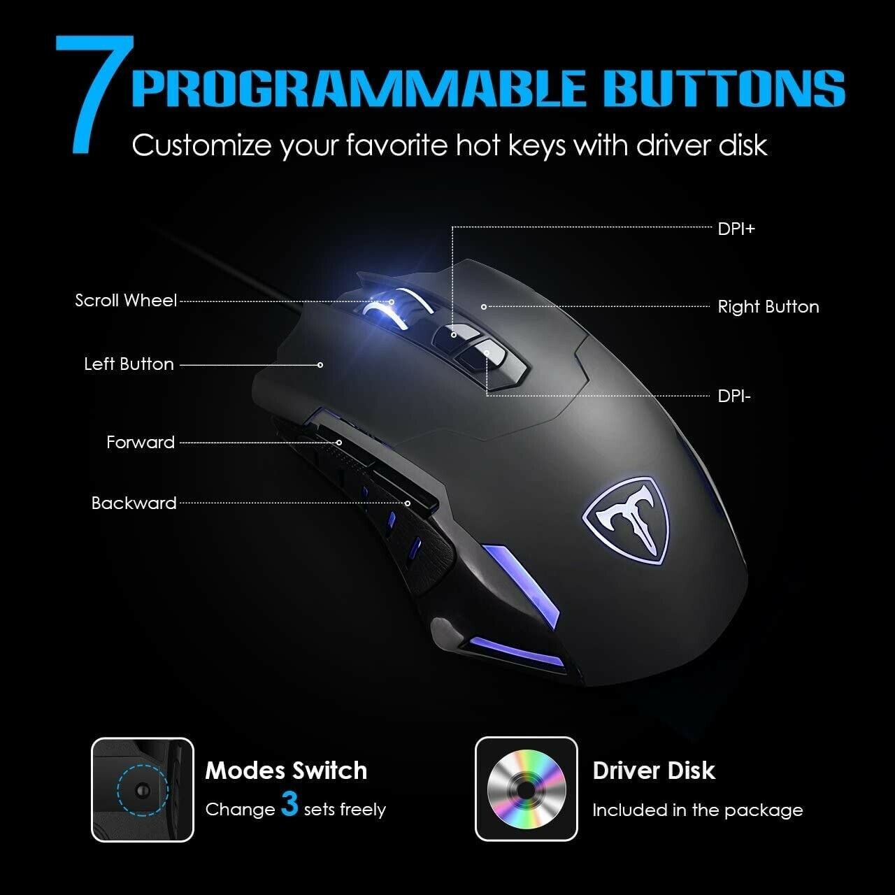 RGB LED Wired Gaming Mouse 7200dpi Programmable 8 Button Victsing T7