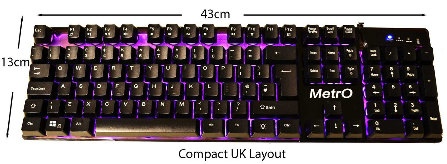 Metro Comet Backlit Wired Gaming Keyboard UK Layout Compact 3 Colour Mechanical