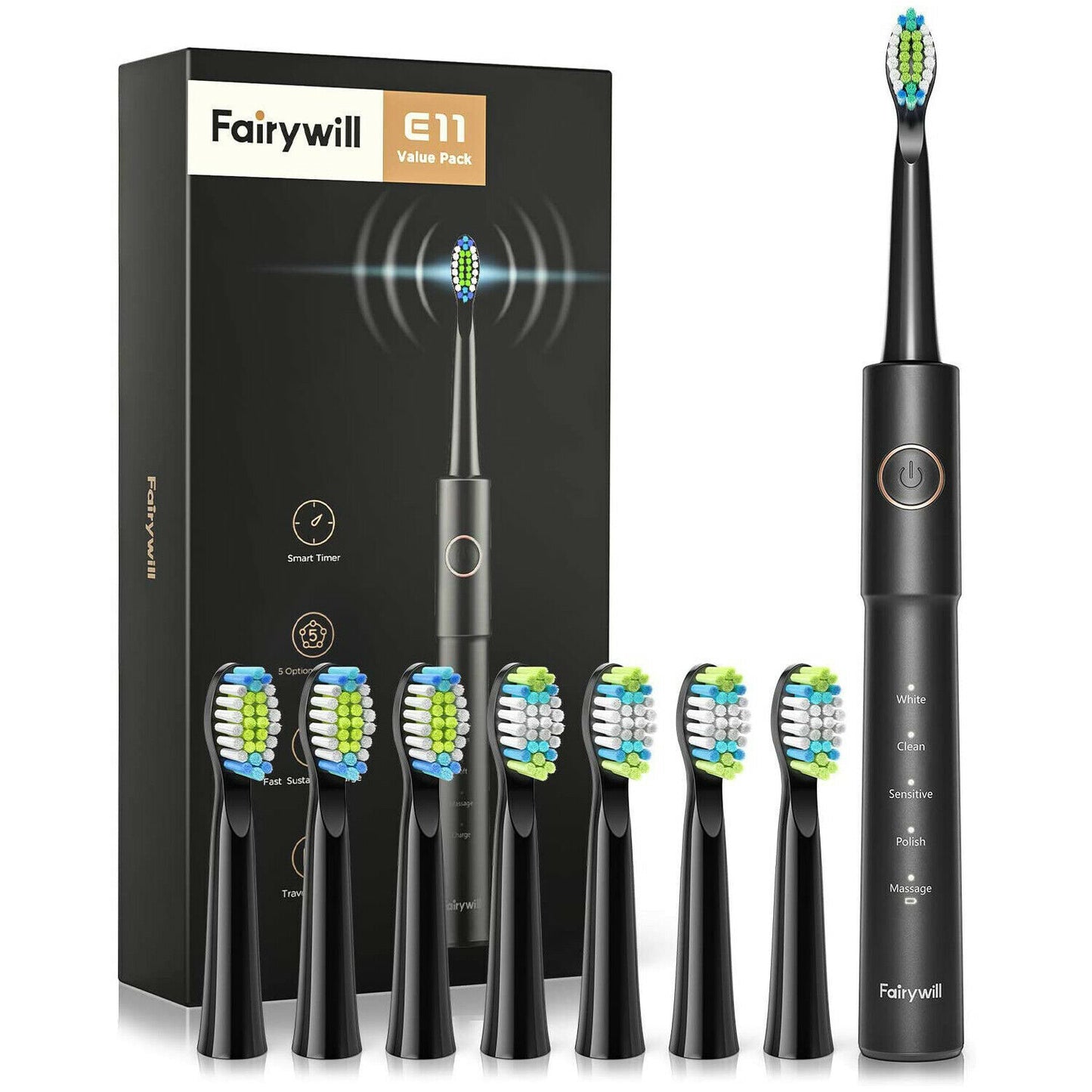 Sonic Electric Waterproof Toothbrush 8 Heads USB Charging 5 Modes Fairywill E11