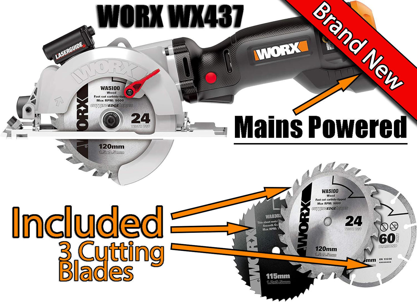 Circular Saw Compact Mains Powered + 3 Cutting Discs Worx WX437 XL 2m Cord 800W