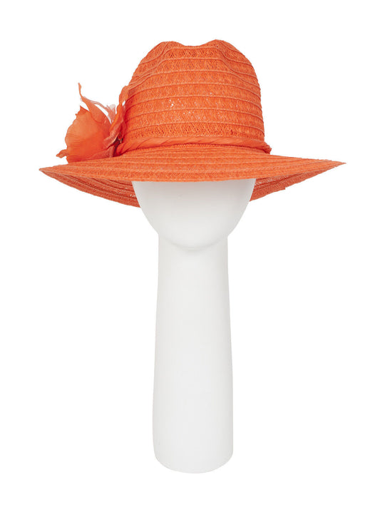 Pia Rossini Wide Brimmed Cortez Sun Hat Orange with Stylish Rosette Summer