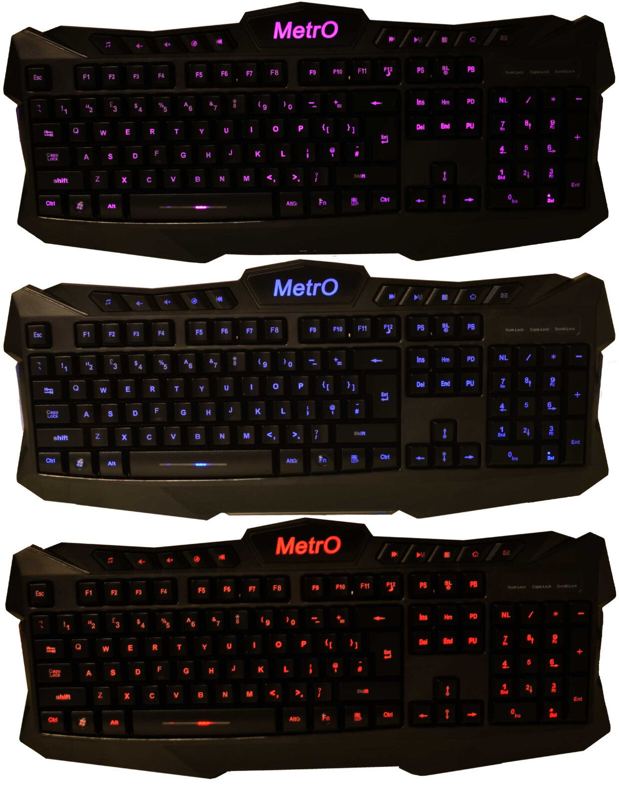 Metro Aura Illuminated Backlit LED UK USB Wired Gaming Style Keyboard 3 Colour