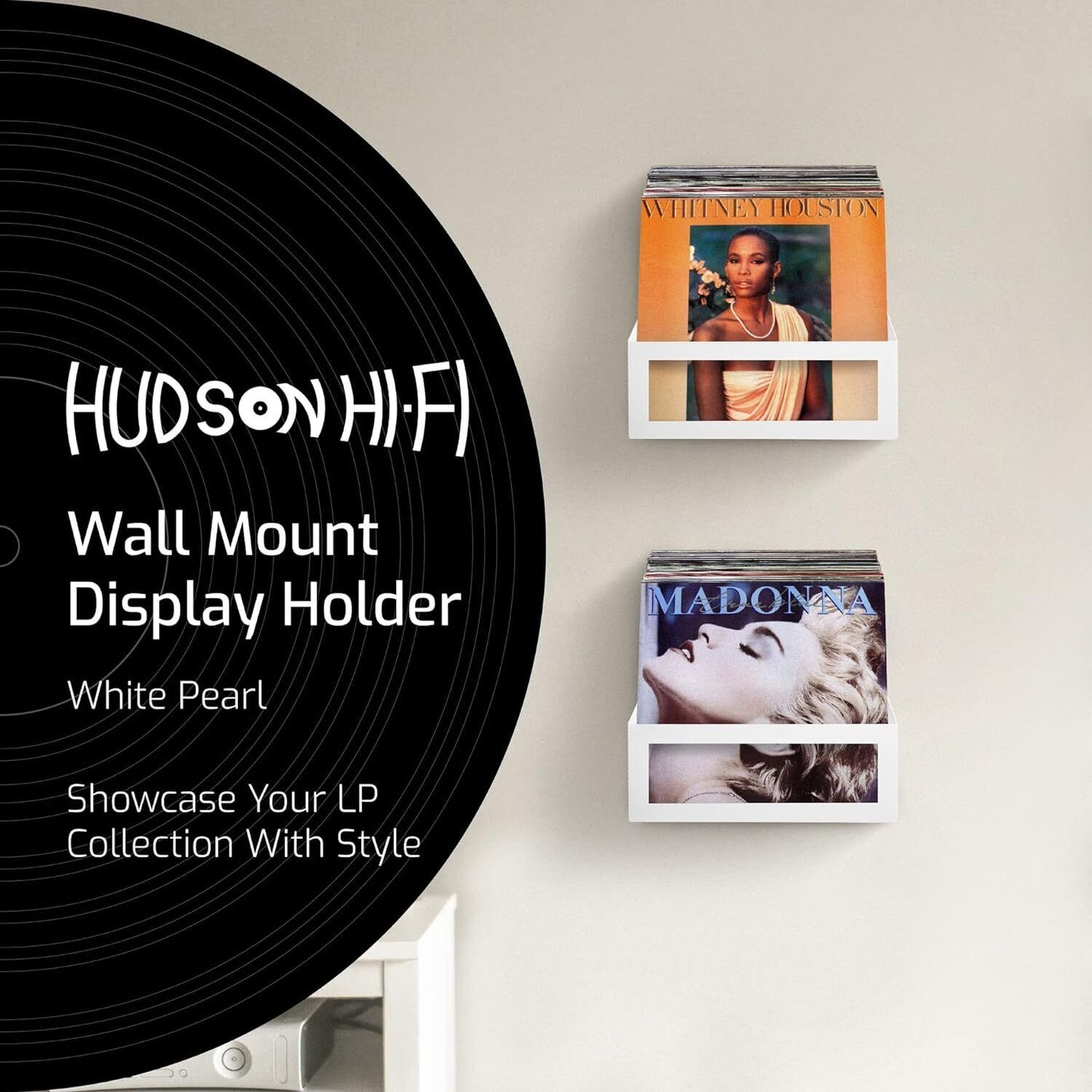 Hudson HiFi Wall Mount 12" Vinyl Record Shelf 25 Capacity Powder Coated Steel