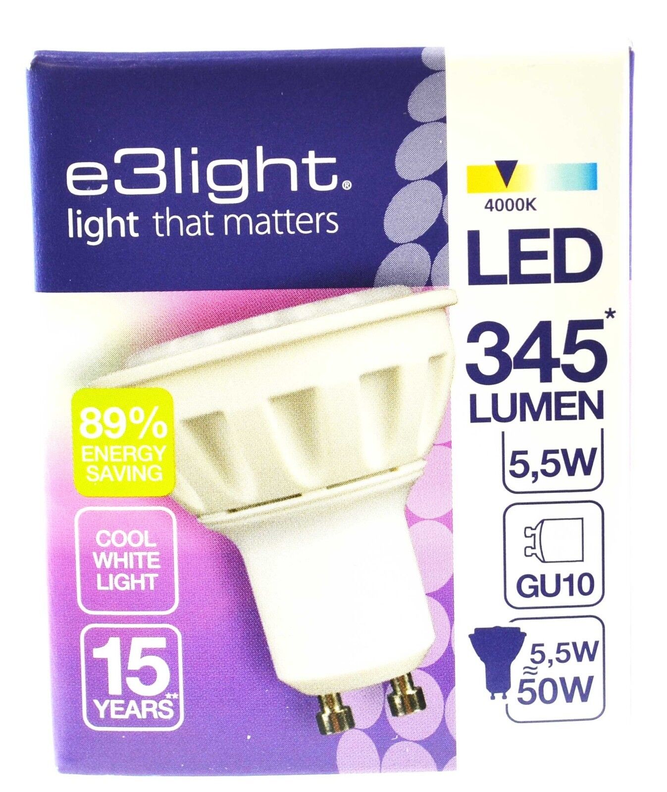 e3light GU10 LED Bulb Cool White 4000K 345 Lumens 5.5W Twin Pack 6 Pack 10 Pack