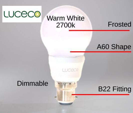 Luceco A60 Classic Frosted B22 Dimmable Warm White Light Bulb 2700k 10W LED