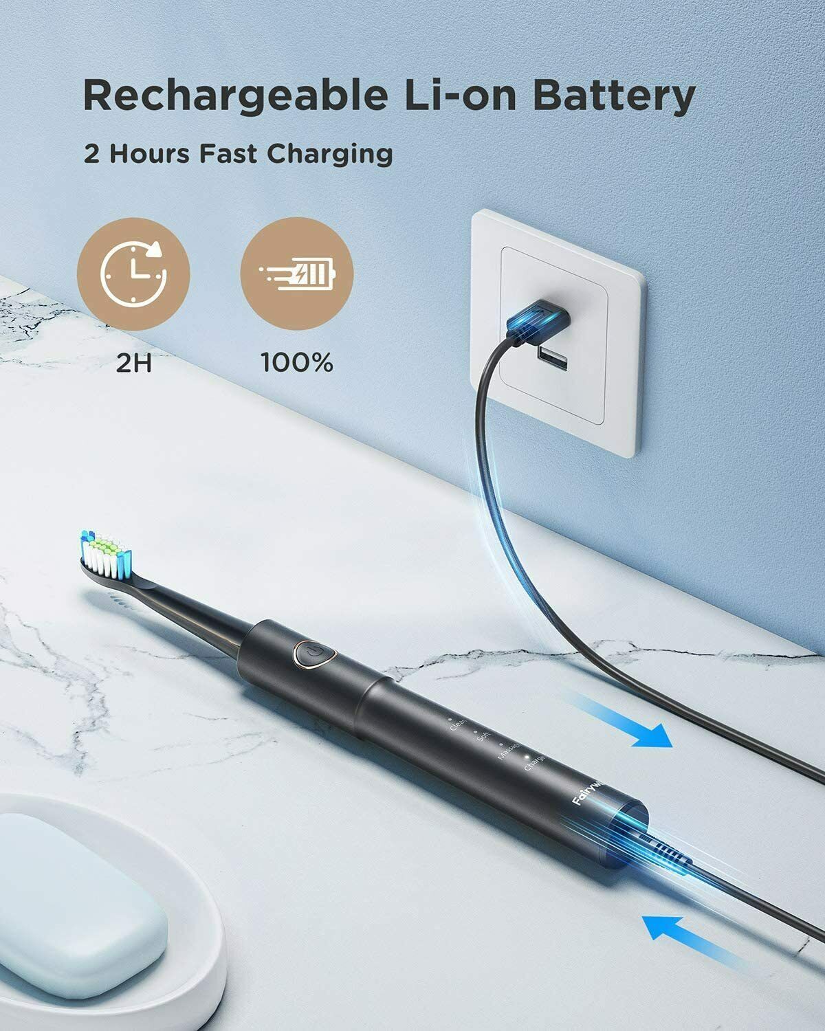 Sonic Toothbrush 8 Heads USB Charging 5 Modes Fairywill E11 Clean Polish Massage