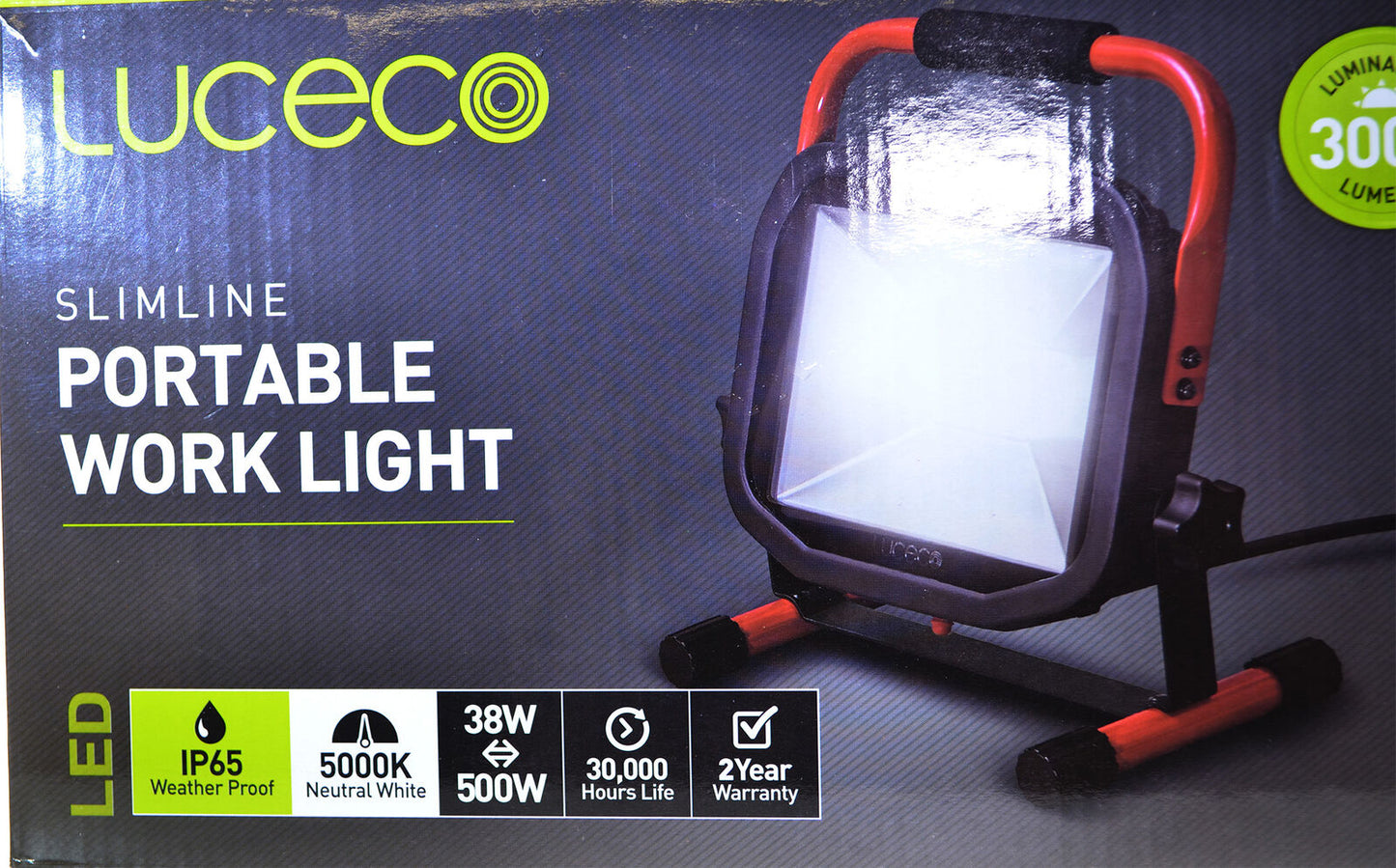 Portable Work Light 38 Watt 3000 Lumen 240v Mains Powered IP65 Luceco 500Watt EQ