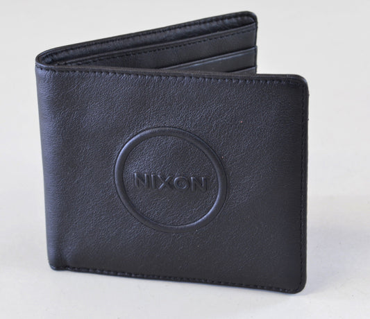 Nixon Washed Black Leather BiFold Wallet Coin Pocket Card Pocket Embossed Logo