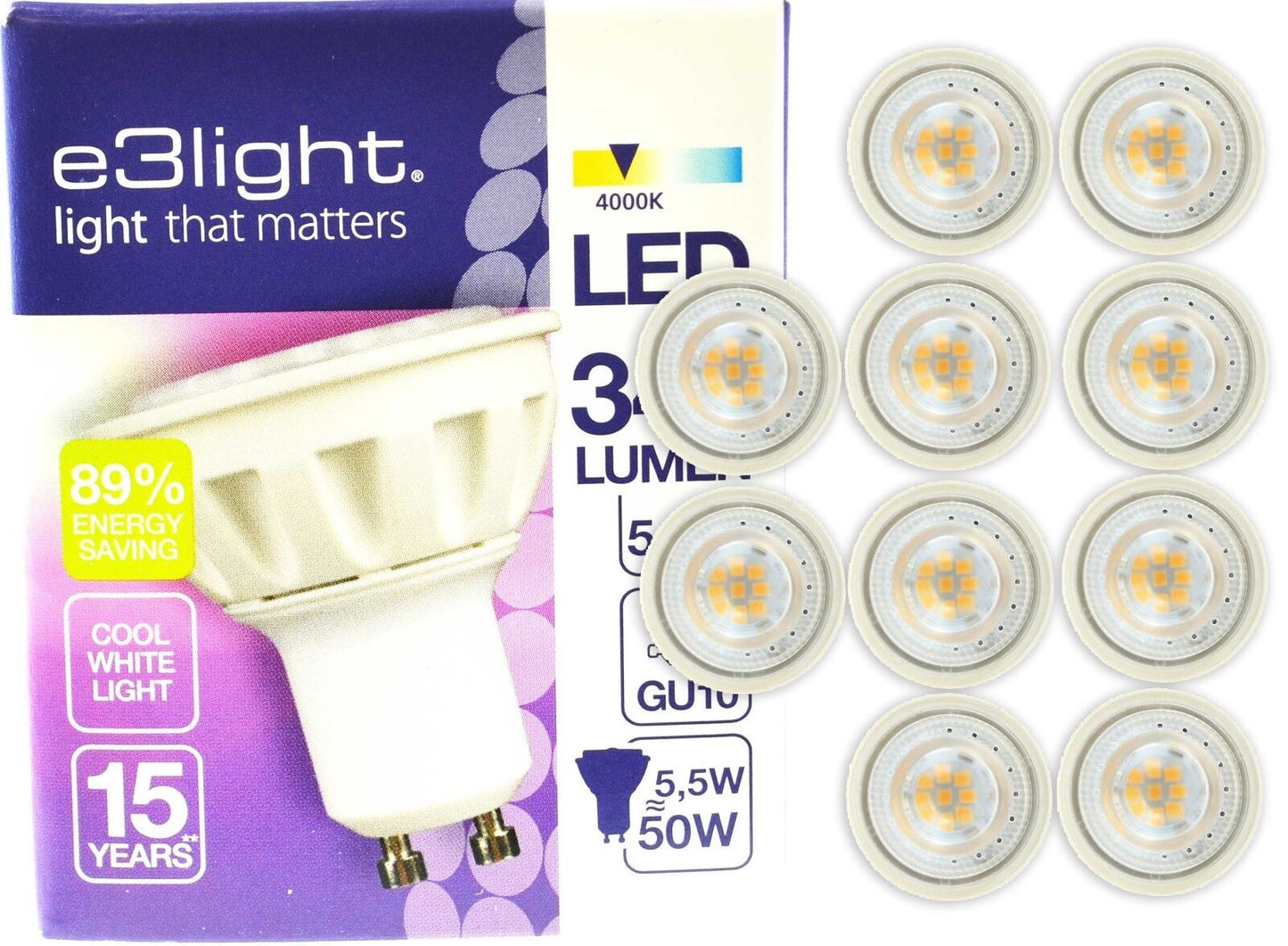 e3light GU10 LED Bulb Cool White 4000K 345 Lumens 5.5W Twin Pack 6 Pack 10 Pack