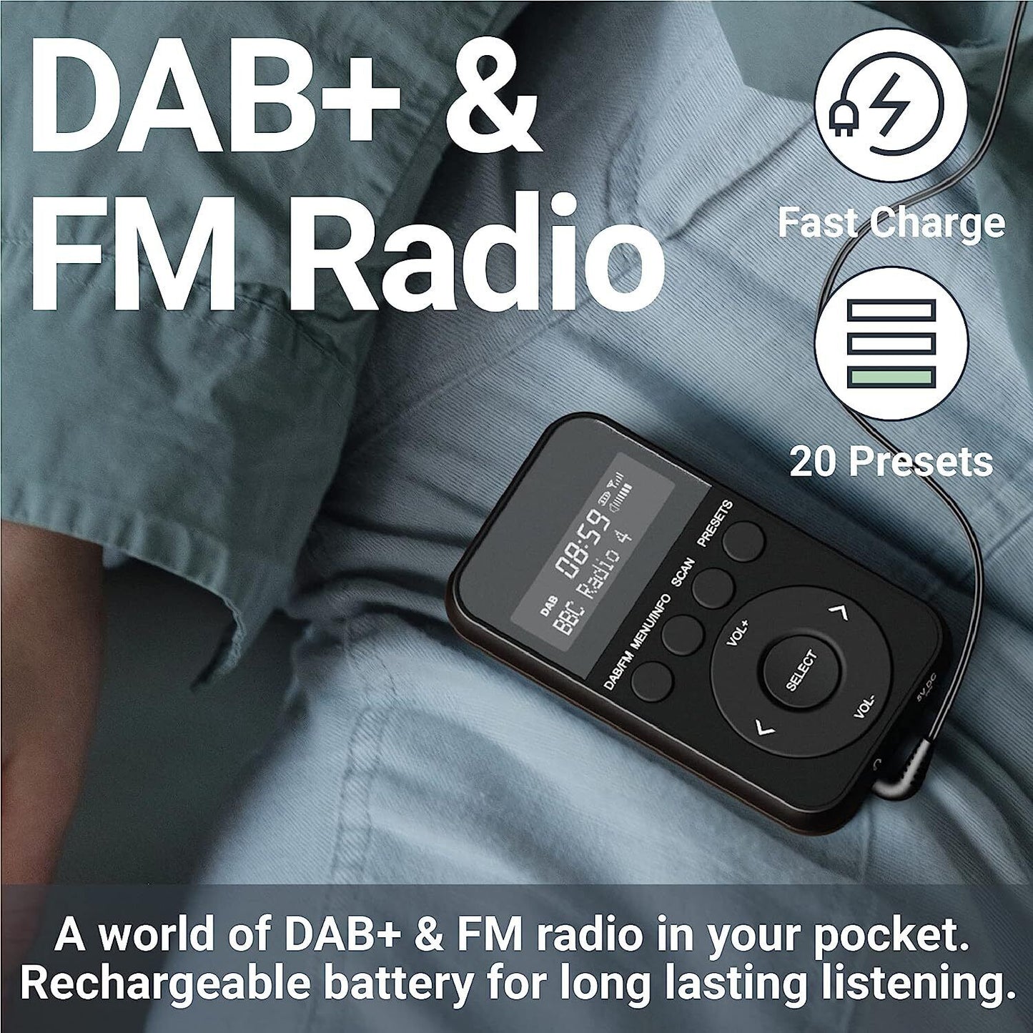 DAB+ FM Pocket Portable Mobile Radio Majority Petersfield Go 2 USB Rechargeable