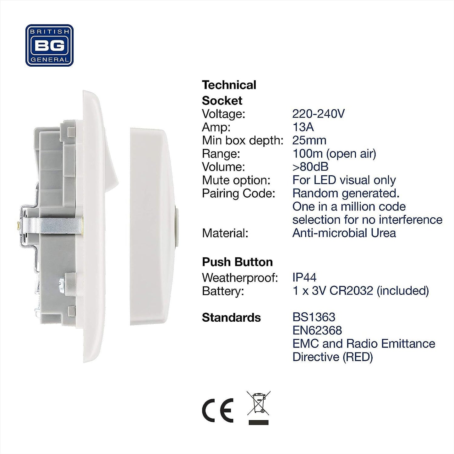 Wireless Mains Powered Door Chime Battery IP44 Push Double Socket 80dB Melody