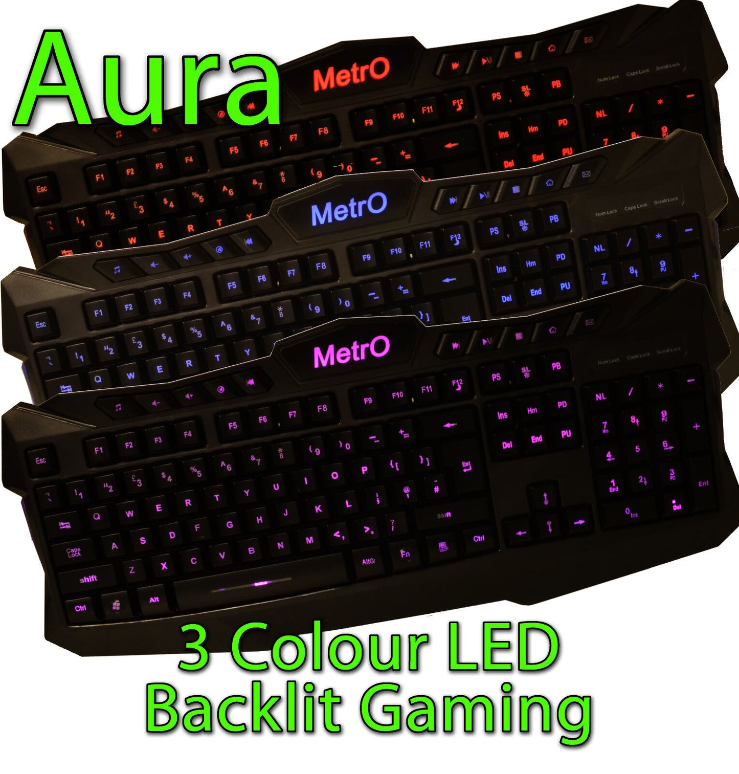 Metro Aura Illuminated Backlit LED UK USB Wired Gaming Style Keyboard 3 Colour