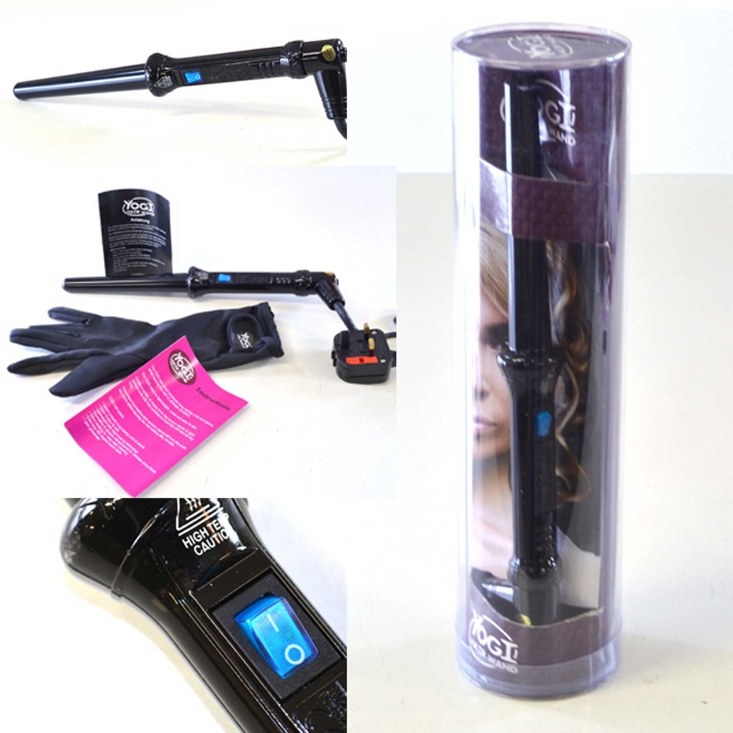 Curling Styling Wand High Gloss Black Yogi Iron Tongs Original Product