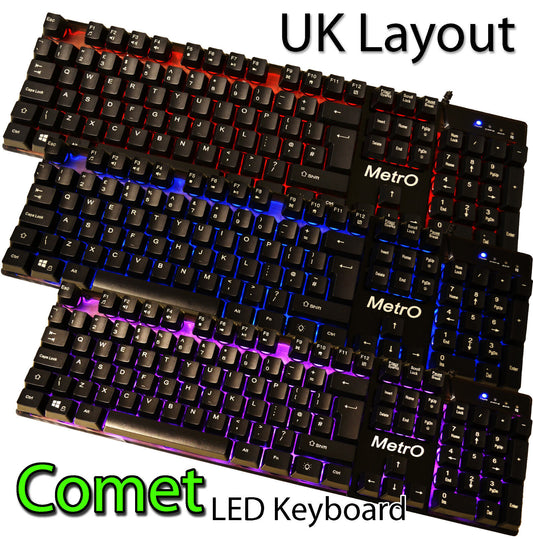 Metro Comet Backlit Wired Gaming Keyboard UK Layout Compact 3 Colour Mechanical