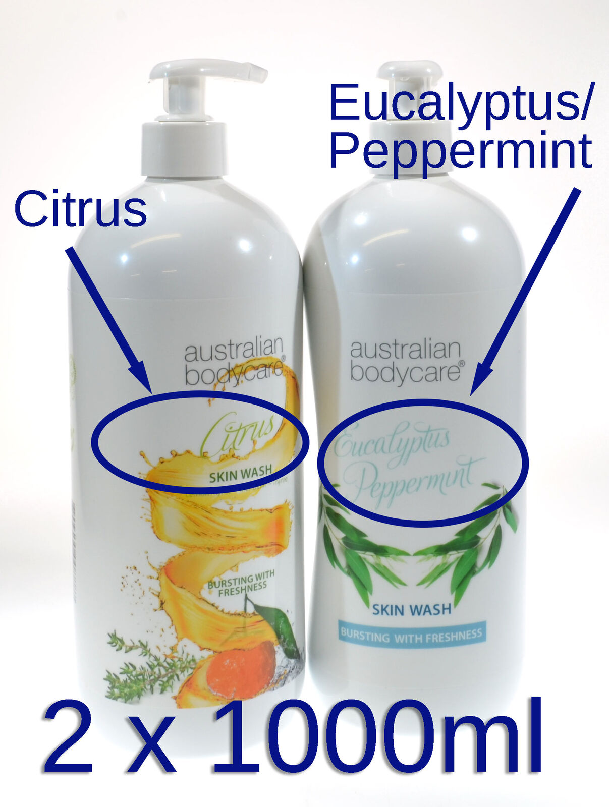 Australian Bodycare Citrus and Eucalyptus Peppermint 1000mls of Each Skin Wash