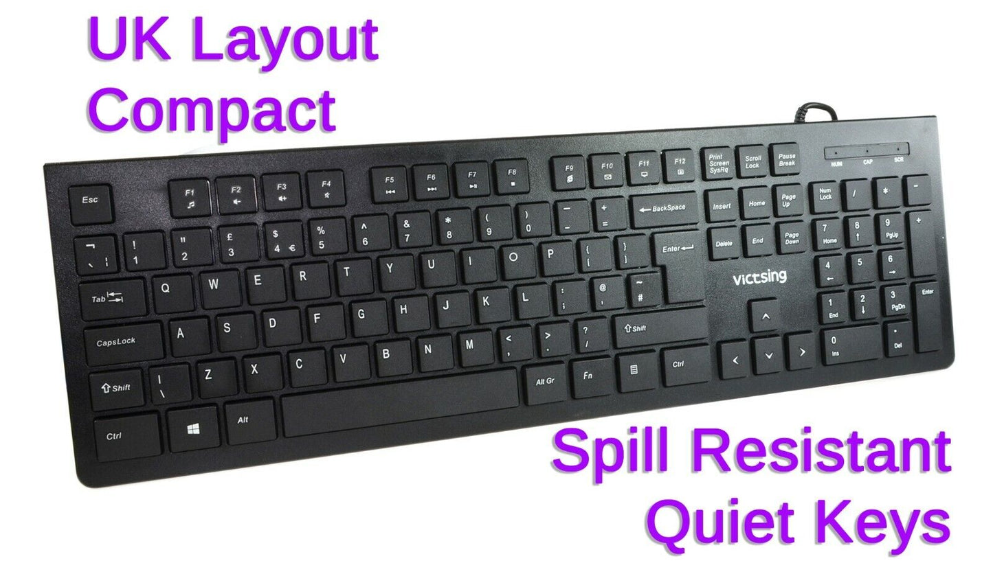 USB Wired Keyboard UK Layout Compact Quiet Low Profile Chiclet Keys Spill Resist