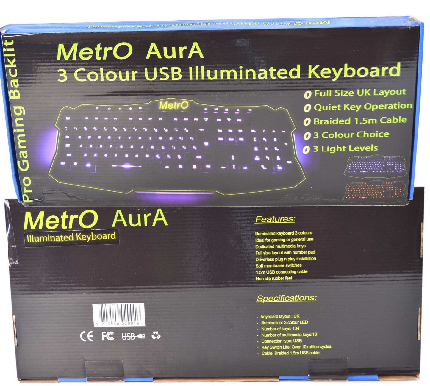 Metro Aura Illuminated Backlit LED UK USB Wired Gaming Style Keyboard 3 Colour