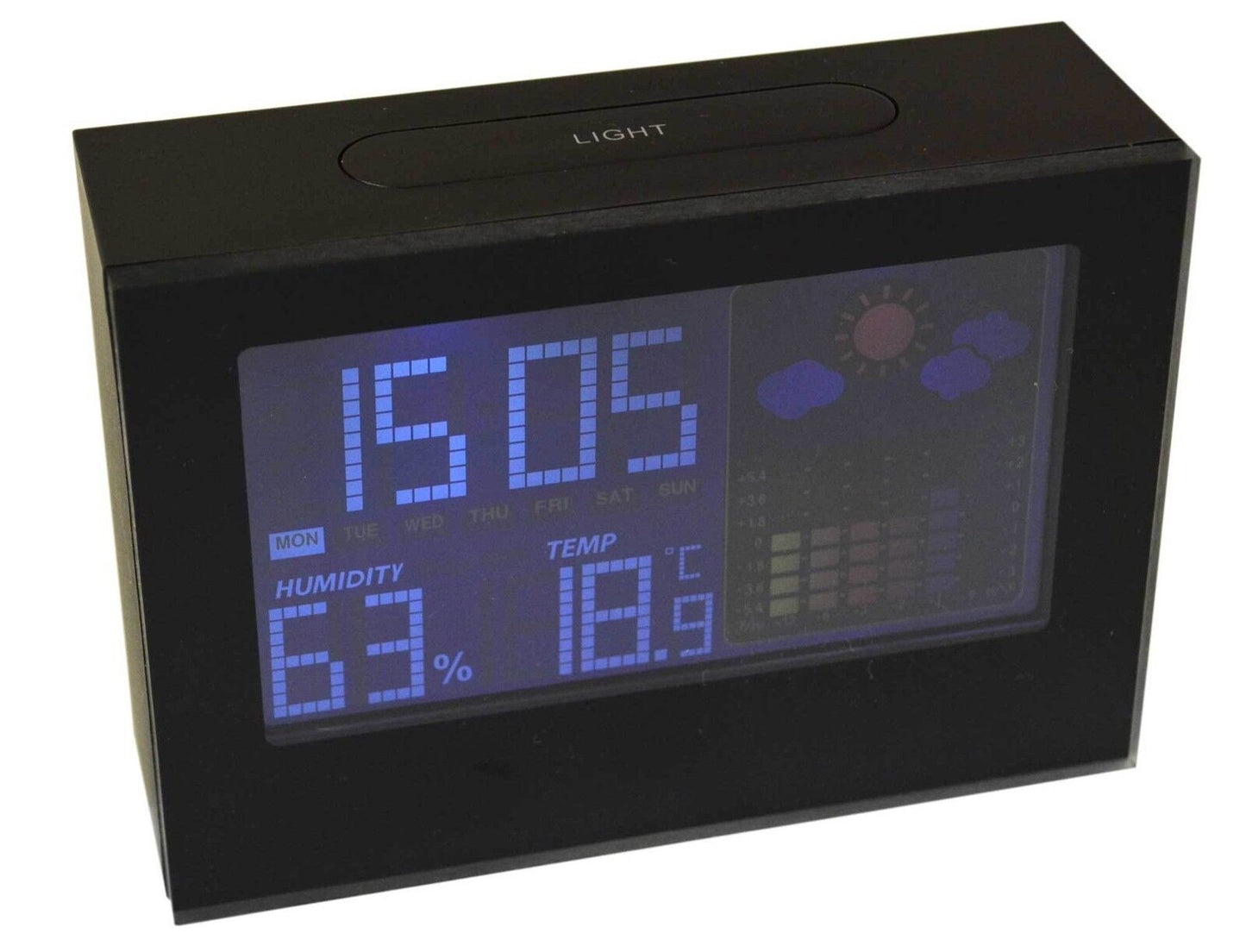 Block Clock LCD Alarm Weather Information Back Lit Multifunction Black