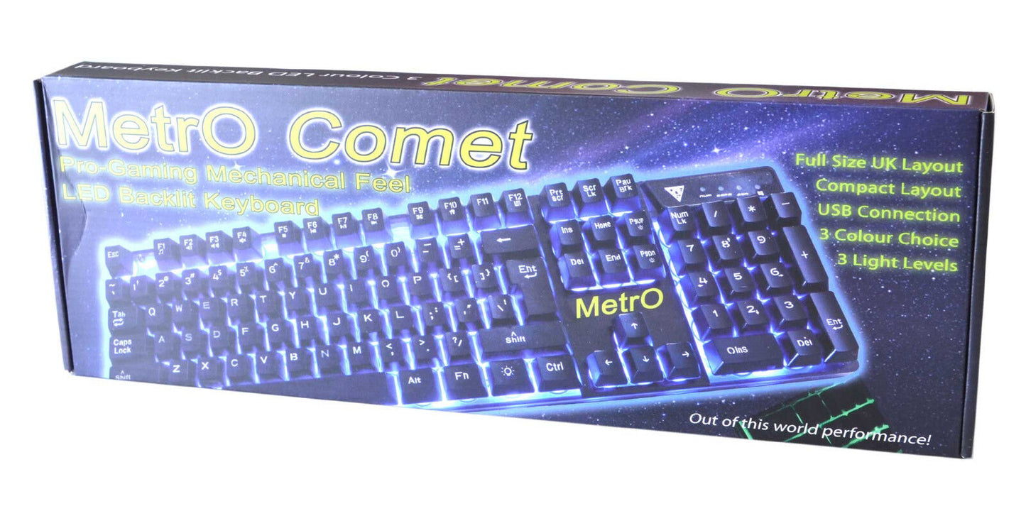 Metro Comet Backlit Wired Gaming Keyboard UK Layout Compact 3 Colour Mechanical