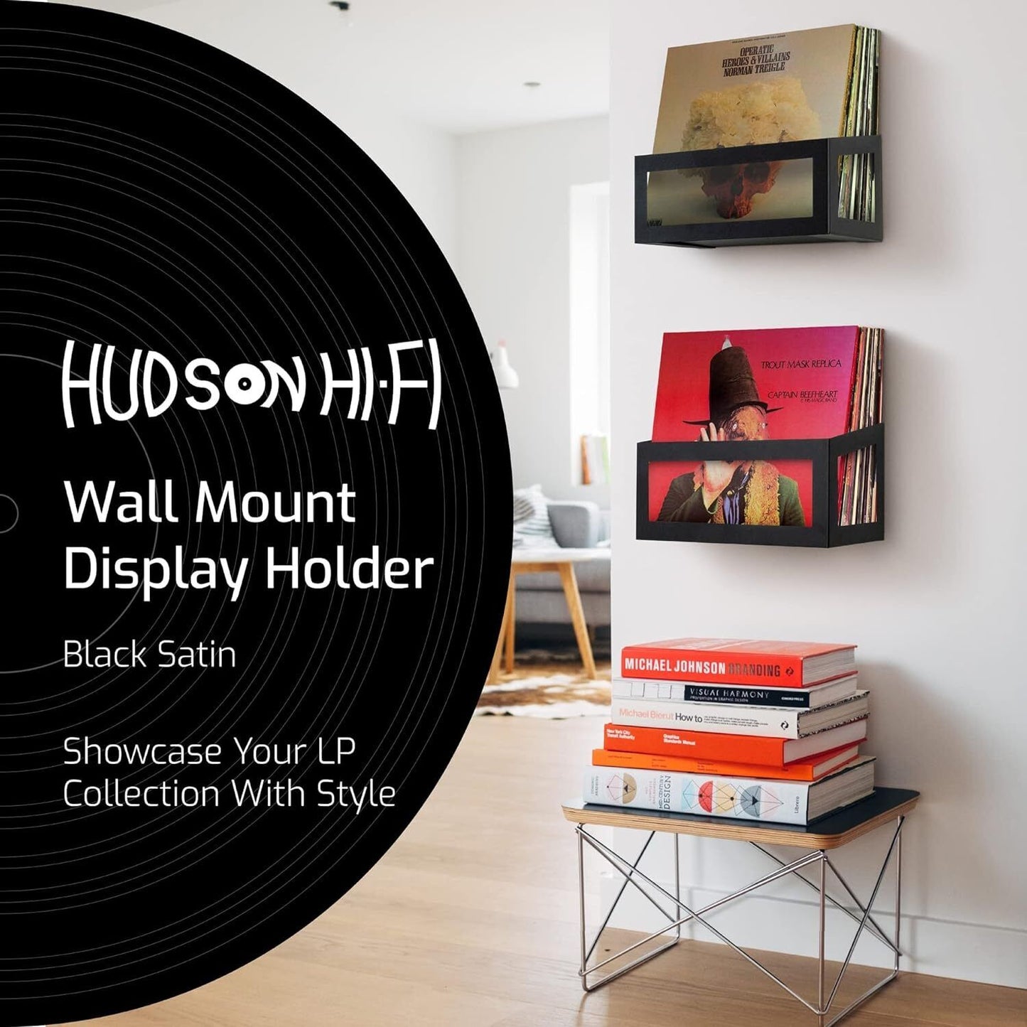 Hudson HiFi Wall Mount 12" Vinyl Record Shelf 25 Capacity Powder Coated Steel