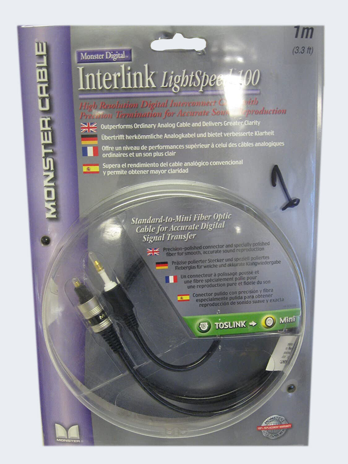 Monster Interlink Lightspeed 100 Toslink to Mini Optical Fibre Optic 1m Cable