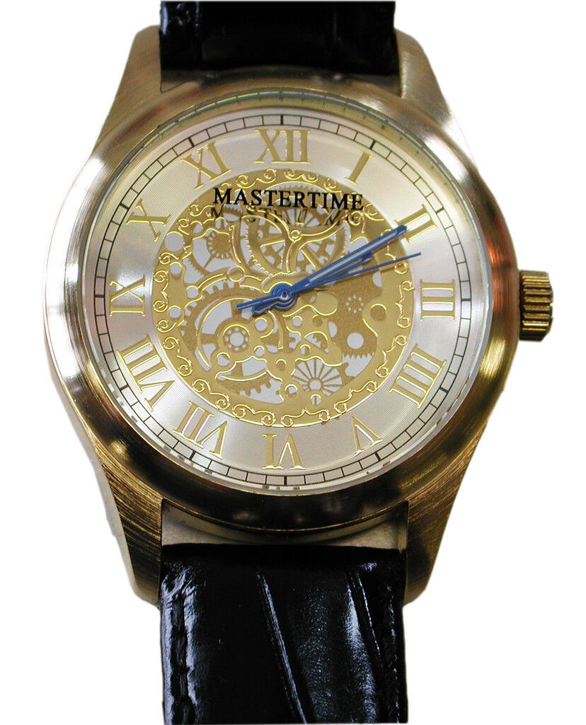 MASTERTIME CHAMPAGNE DIAL ROMAN NUMERAL GENTS GOLD FINISH WRIST WATCH