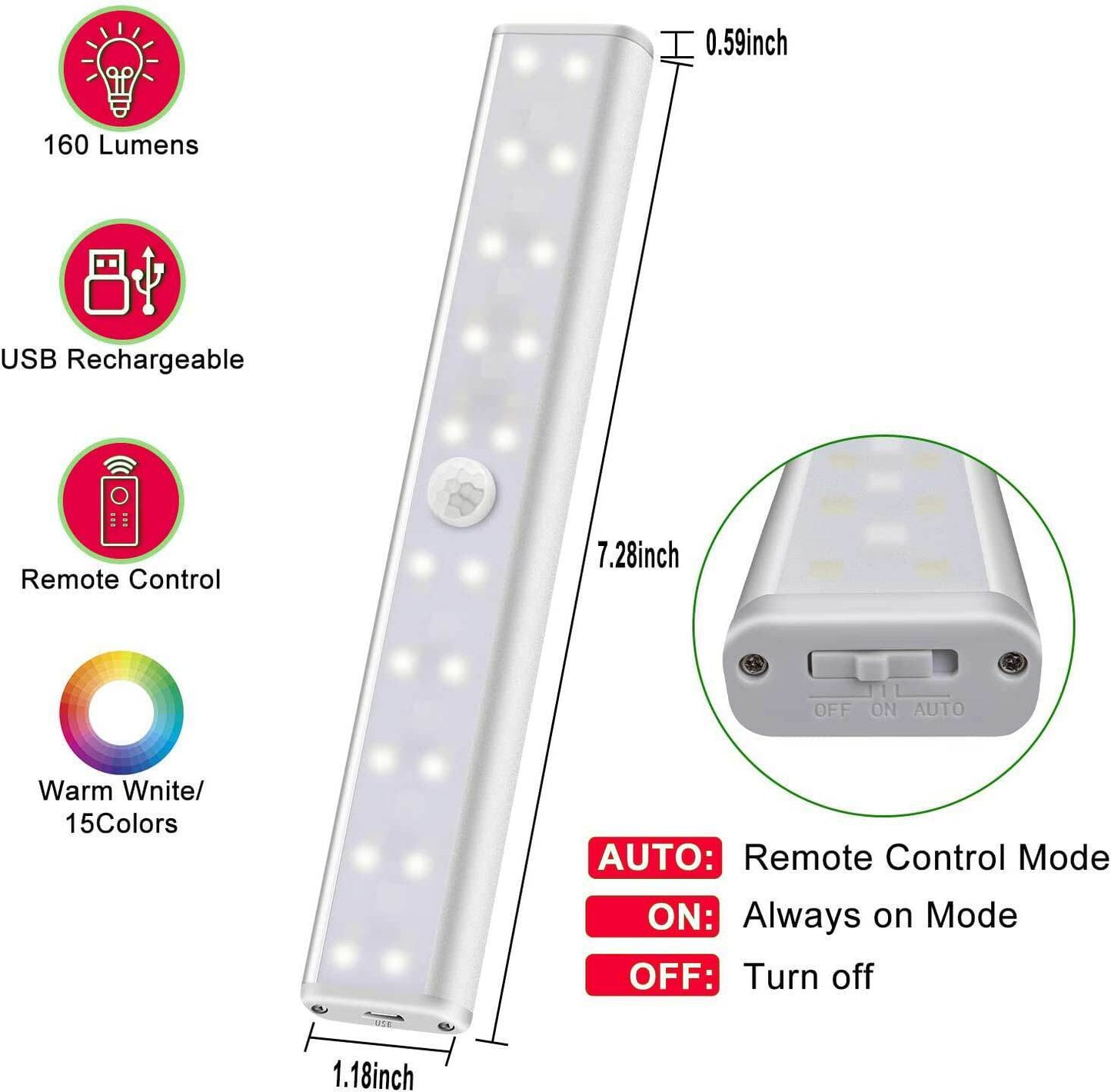 LED Under Cabinet Remote Controlled Lights Timer RGB Warm Cool Daylight Timer